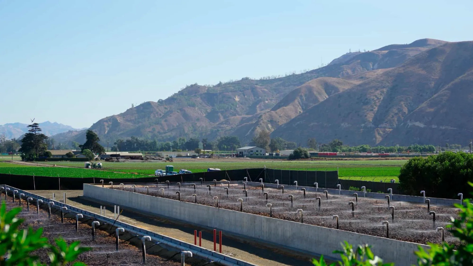 Bassins de vermifiltration BIDA en fonctionnement, rampes d'aspersion répartissant l'effluent sur le massif filtrant, en plein champ